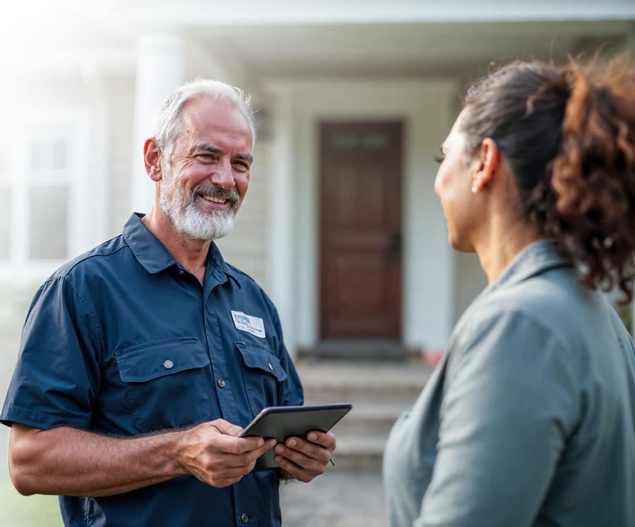 A dealer reviews coverage with a homeowner at their front door