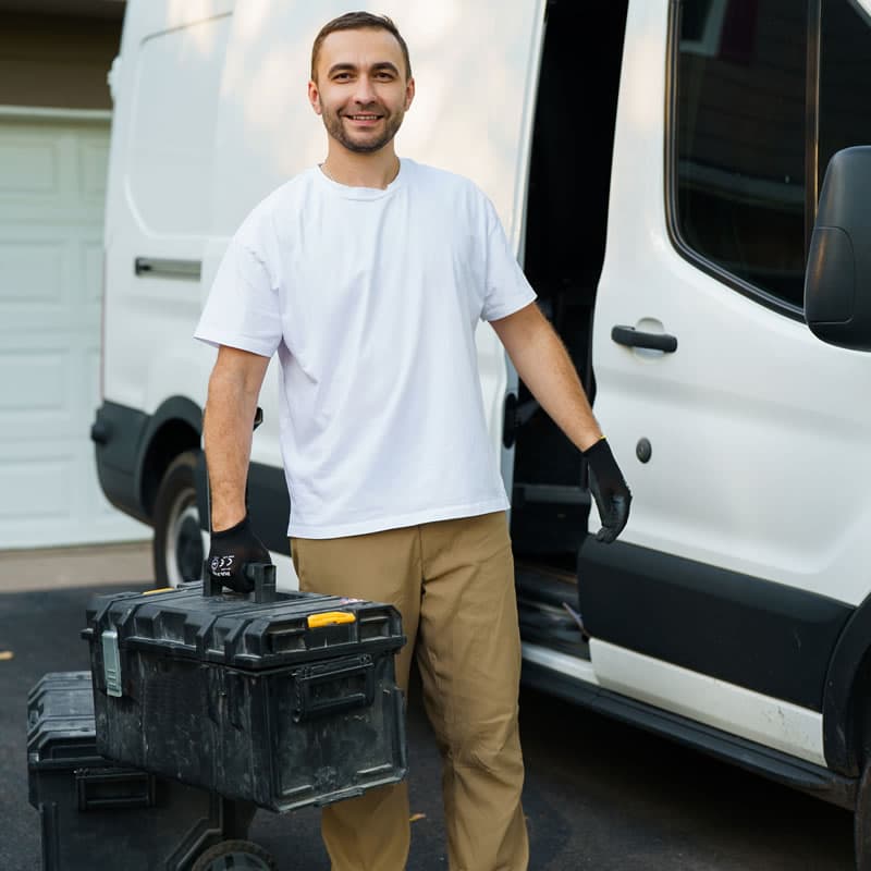 An HVAC technician at their service van with a tool case