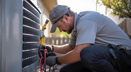 An HVAC technician servicing an outdoor condenser unit